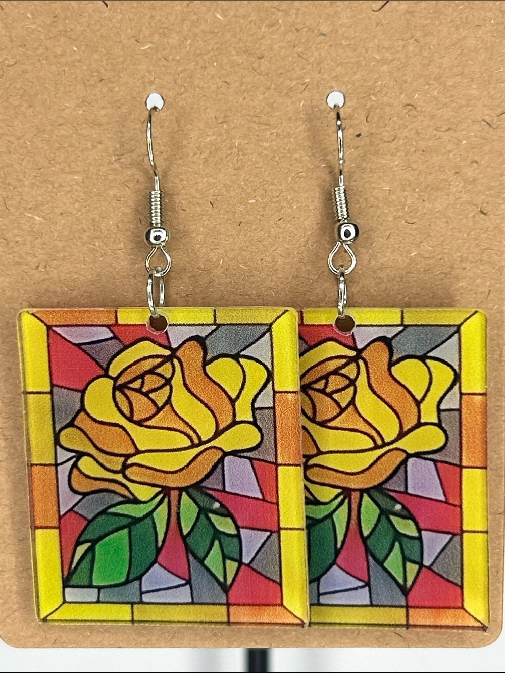 Yellow Rose Stained-Glass Style Drop Earrings - Women Fashion Jewelry